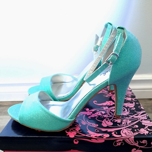Qupid | Mint glitter ~ Pastel mint glitter open toe high heel shoe - Picture 4 of 9